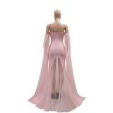 Pink Off Shoulder Mesh Pearls Pleated Diamonds Wedding Maxi Dress