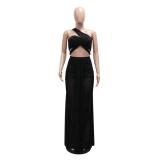 Black Mesh One Shoulder See Through Sexy Women Party Maxi Dress