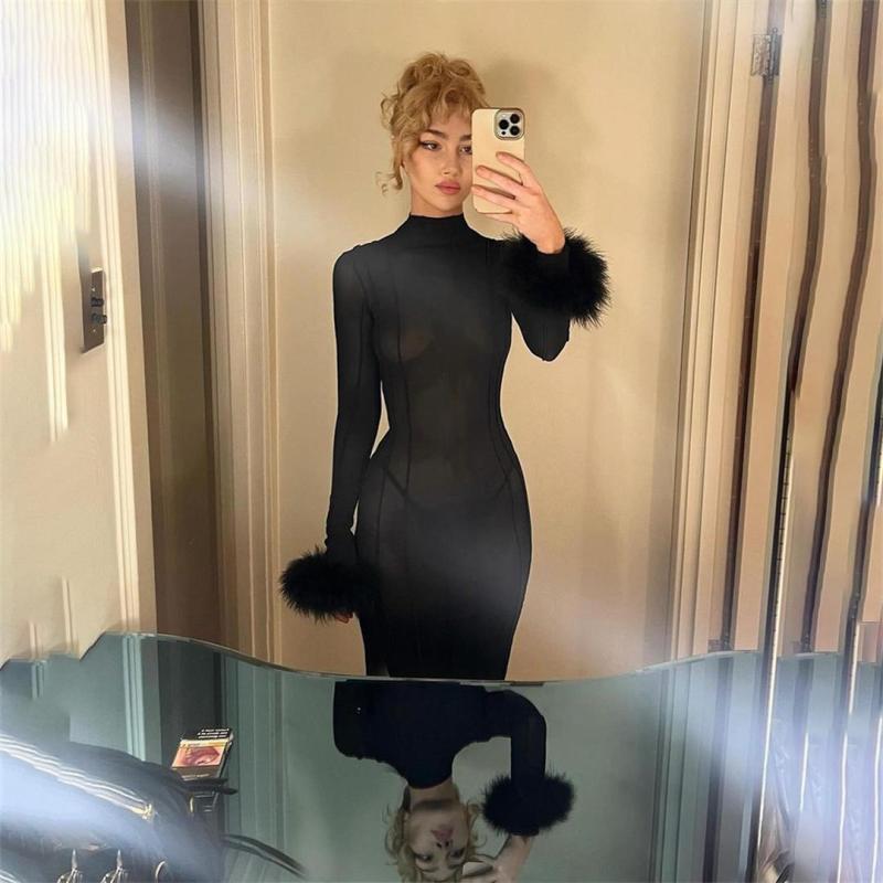 Black Mesh Sexy See Through Backless Women Party Long Dress