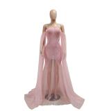 Pink Off Shoulder Mesh Pearls Pleated Diamonds Wedding Maxi Dress