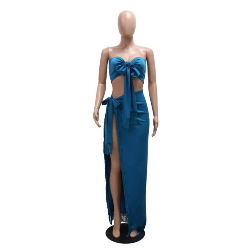 Lake Blue Halter Neck Bandage Crop Top Tassels Sexy High Slit Midi Skirt Dress