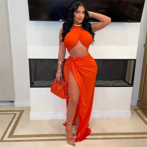 Orange Halter Neck Bandage Crop Top Tassels Sexy High Slit Midi Skirt Dress