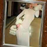 White Mesh Sexy See Through Backless Women Party Long Dress
