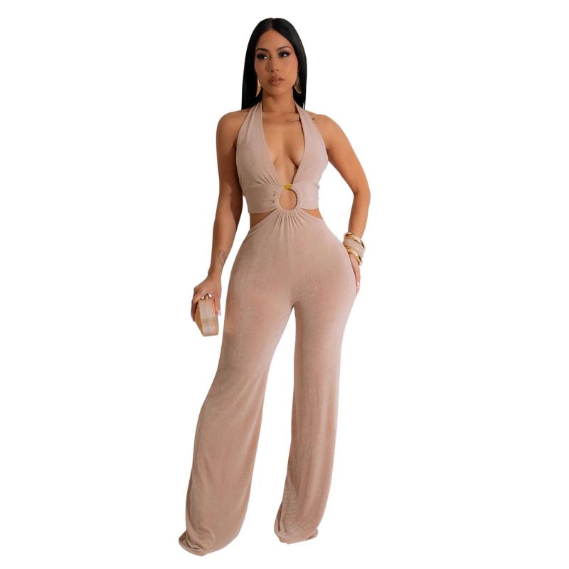 Beige Deep V Neck Halter Hollow Out Sexy Women Casual Jumpsuit