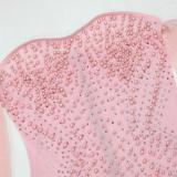 Pink Off Shoulder Mesh Pearls Pleated Diamonds Wedding Maxi Dress