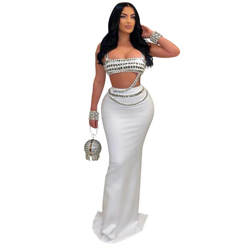 White Off Shoulder Diamonds Crop Top Bodycon Evening Luxury Maxi Dress