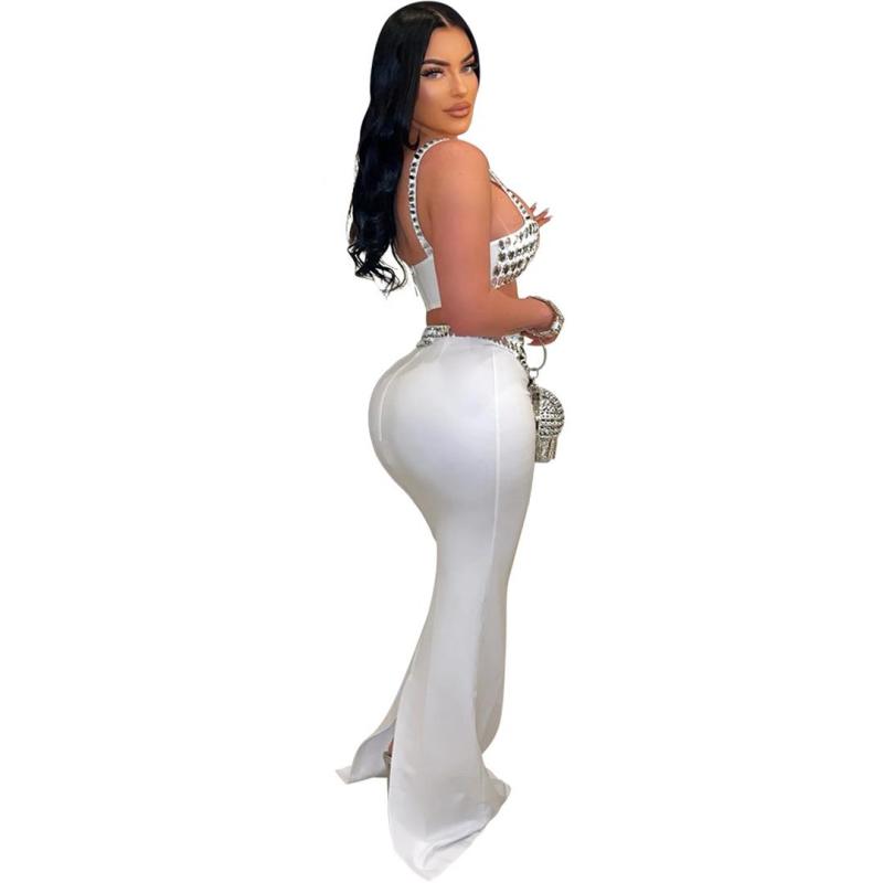 White Off Shoulder Diamonds Crop Top Bodycon Evening Luxury Maxi Dress