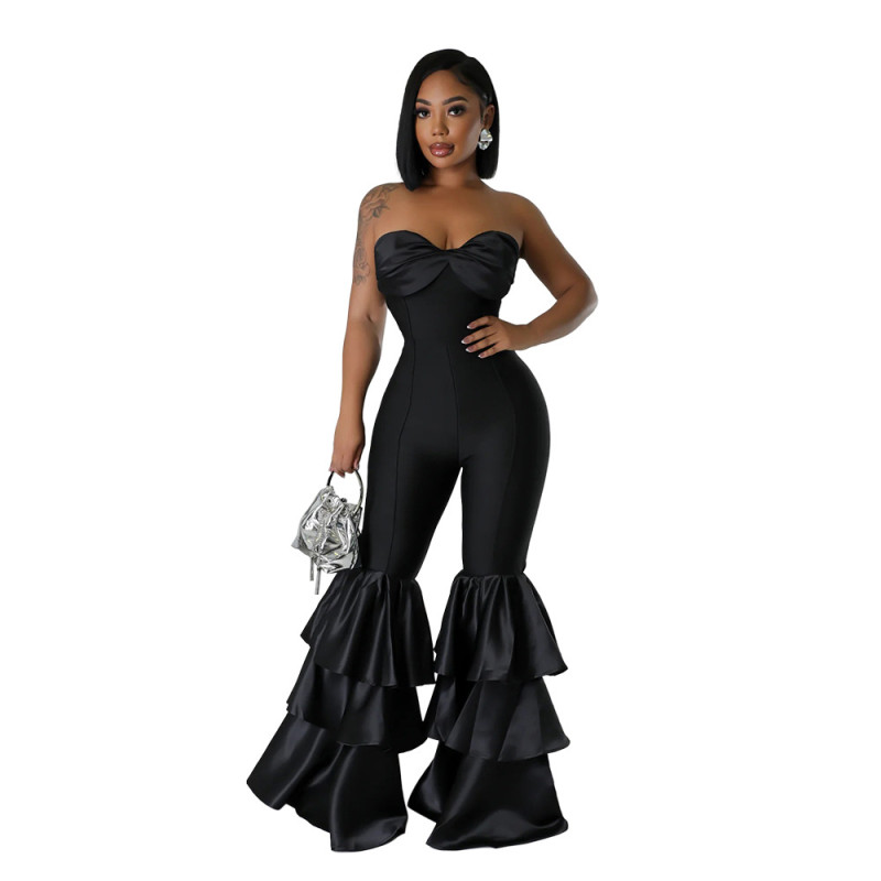 Black Off Shoulder Sleeveless Bodycon Party Pleated Jumpsuit Dress
