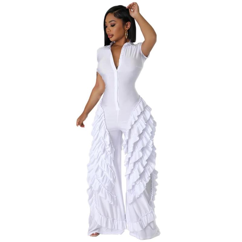 White Short Sleeve Button Loose Ruffles Pleated Wide Leg Jumpsuit Dress