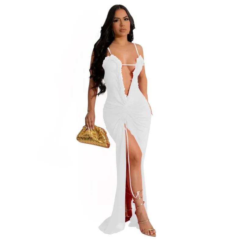 White Halter Deep V Neck Pleated Club Sexy Long Dress