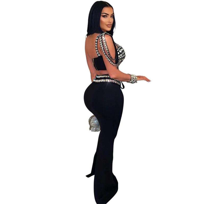 Black Off Shoulder Diamonds Crop Top Bodycon Evening Luxury Maxi Dress