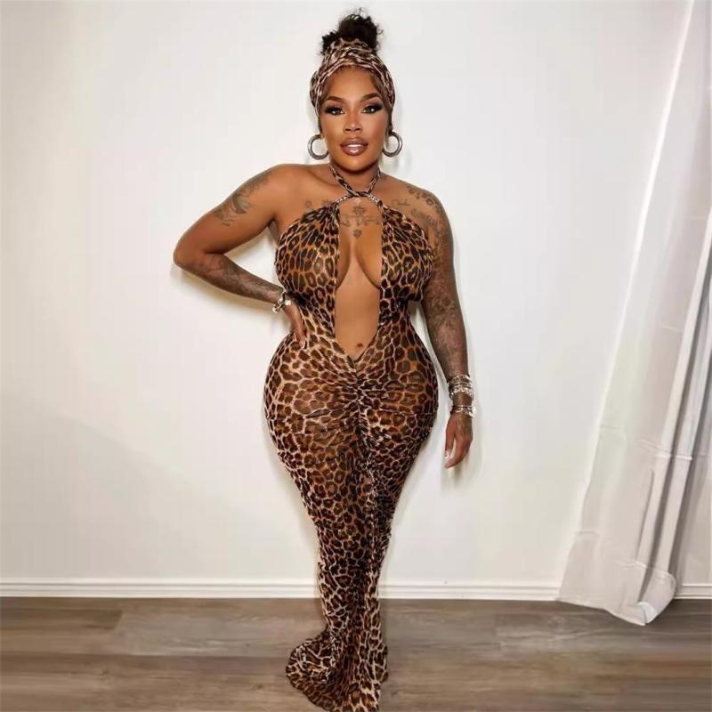 Leopard Deep V Neck Sexy Party Stretch Pleated Printed Long Dress