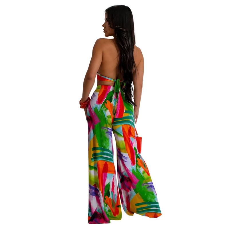 Green Sexy Crop Top Printed Wide Leg Pant Sets Jumpsuit
