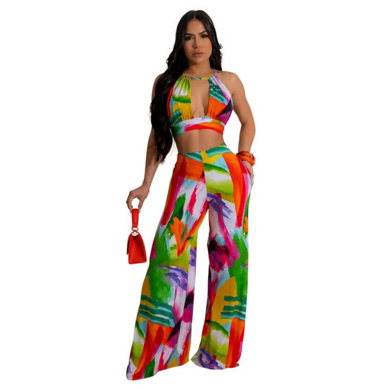Green Sexy Crop Top Printed Wide Leg Pant Sets Jumpsuit