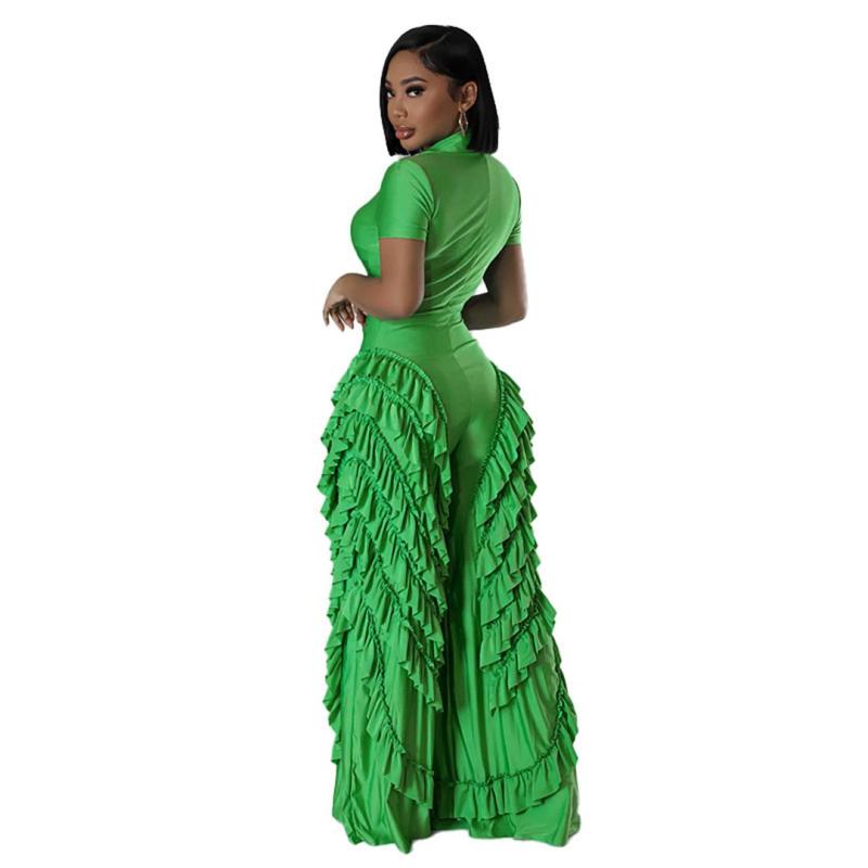 Green Short Sleeve Button Loose Ruffles Pleated Wide Leg Jumpsuit Dress