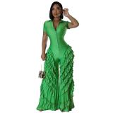 Green Short Sleeve Button Loose Ruffles Pleated Wide Leg Jumpsuit Dress
