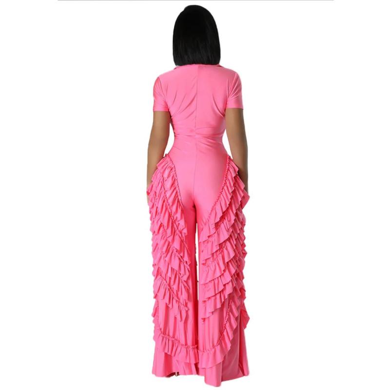 Pink Short Sleeve Button Loose Ruffles Pleated Wide Leg Jumpsuit Dress