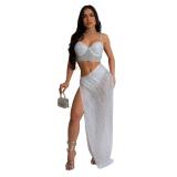 White Low Cut Diamonds Mesh Hollow Sexy Bodycon Evening Party Dress