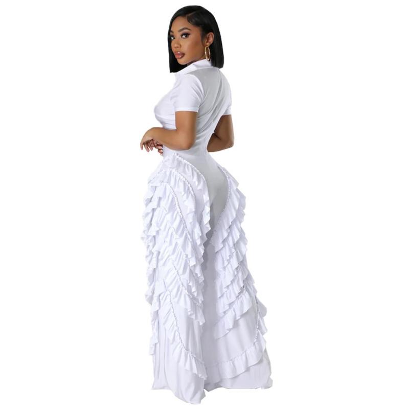 White Short Sleeve Button Loose Ruffles Pleated Wide Leg Jumpsuit Dress