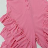 Pink Short Sleeve Button Loose Ruffles Pleated Wide Leg Jumpsuit Dress