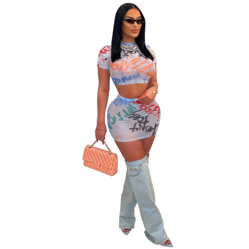 Blue Short Sleeve Printed Mesh Two Pieces Club Skirt Sets