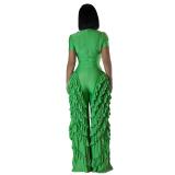 Green Short Sleeve Button Loose Ruffles Pleated Wide Leg Jumpsuit Dress