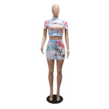 Blue Short Sleeve Printed Mesh Two Pieces Club Skirt Sets