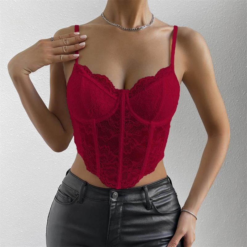 Claret Lace Underwire Fish-bone See Through Sexy Corset Camisoles