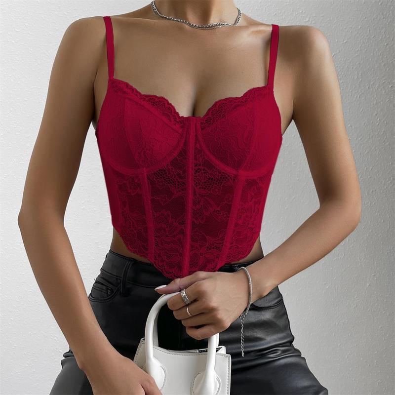 Claret Lace Underwire Fish-bone See Through Sexy Corset Camisoles