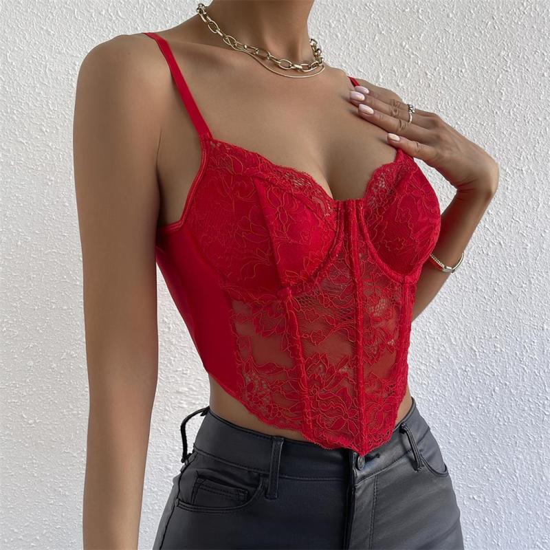 Red Lace Underwire Fish-bone See Through Sexy Corset Camisoles