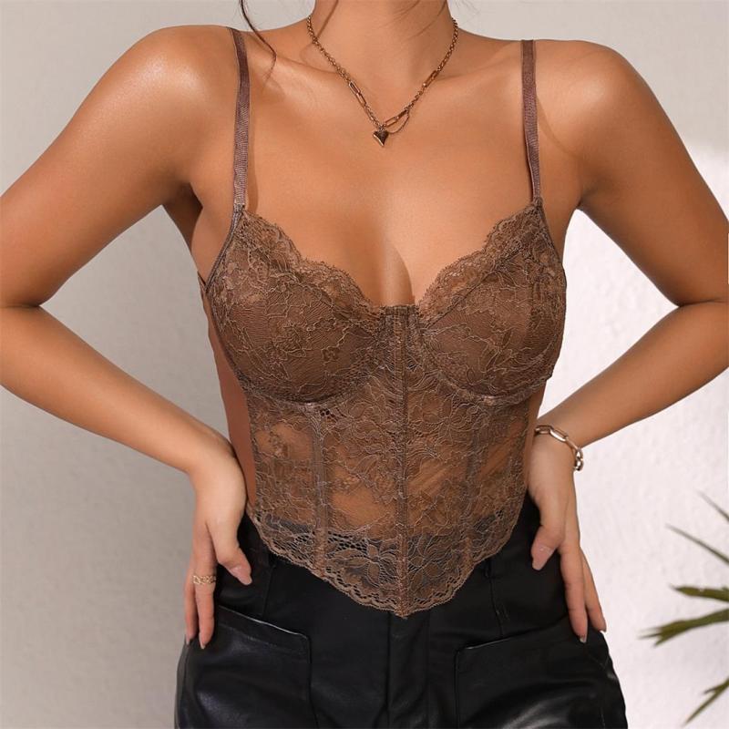 Brown Lace Underwire Fish-bone See Through Sexy Corset Camisoles