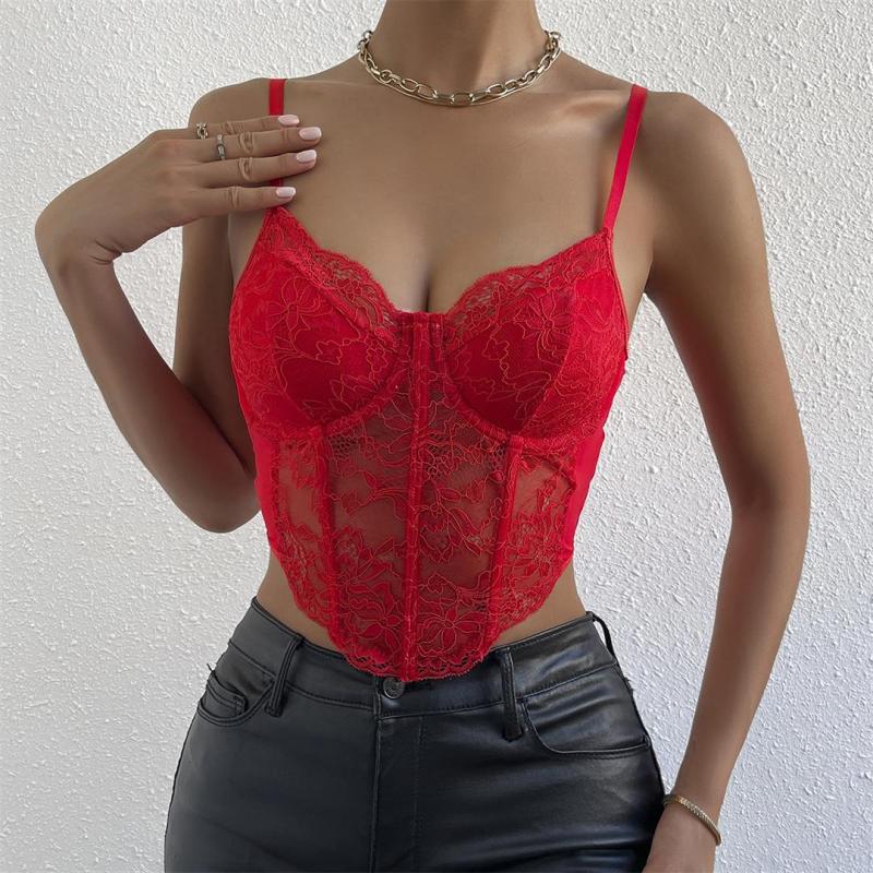 Red Lace Underwire Fish-bone See Through Sexy Corset Camisoles