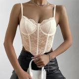 Beige Lace Underwire Fish-bone See Through Sexy Corset Camisoles