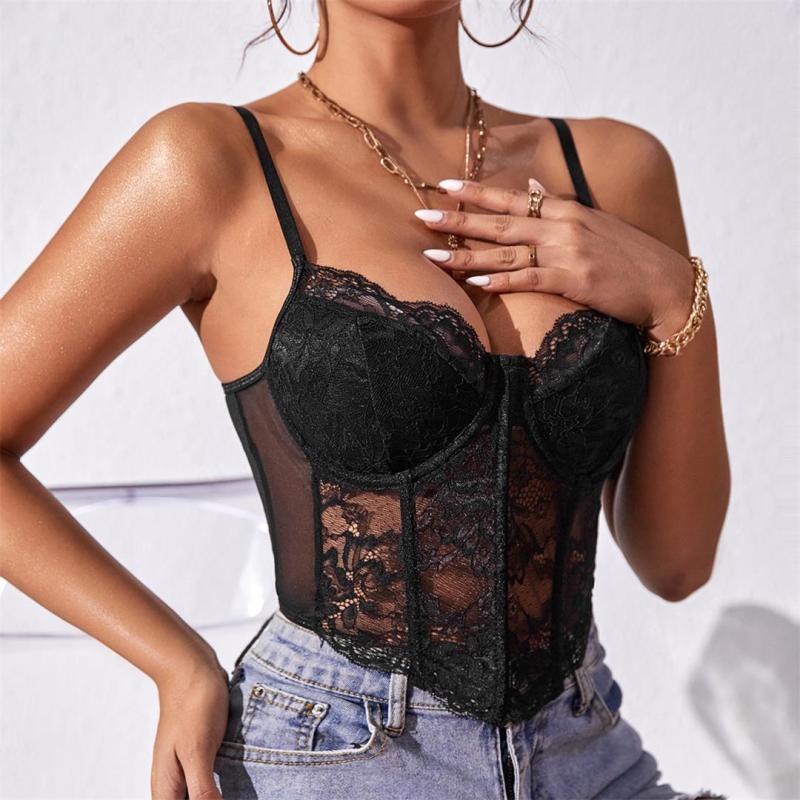 Black Lace Underwire Fish-bone See Through Sexy Corset Camisoles