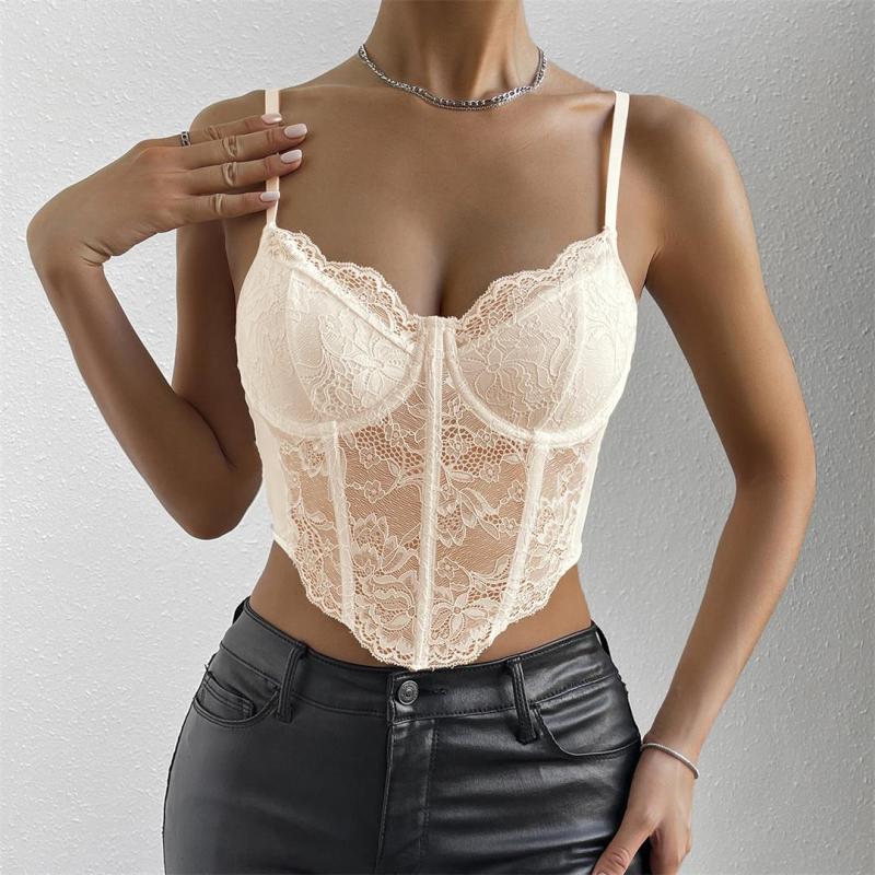 Beige Lace Underwire Fish-bone See Through Sexy Corset Camisoles