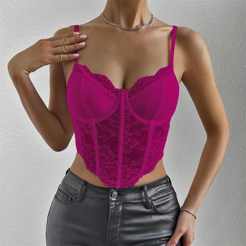 Pink Red Lace Underwire Fish-bone See Through Sexy Corset Camisoles