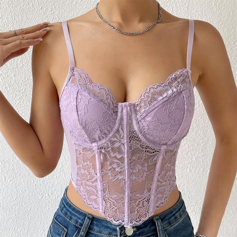 Purple Lace Underwire Fish-bone See Through Sexy Corset Camisoles