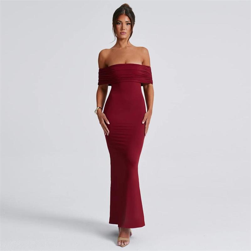 Claret Off Shoulder Boat Neck Pleated Elegant Maxi Dress