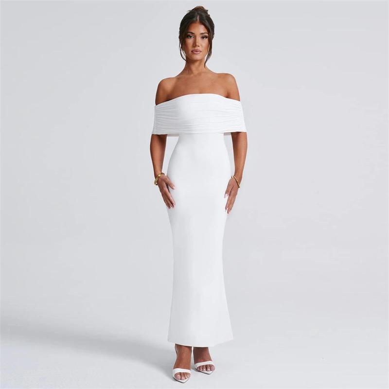 White Off Shoulder Boat Neck Pleated Elegant Maxi Dress