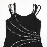 Black Sleeveless Low Cut Mesh Rhinestone See Through Bodycon Prom Maxi Dress