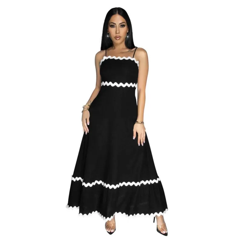 Black Off Shoulder Halter Wave Ribbon Fashion Women Skirt Dress