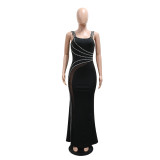 Black Sleeveless Low Cut Mesh Rhinestone See Through Bodycon Prom Maxi Dress