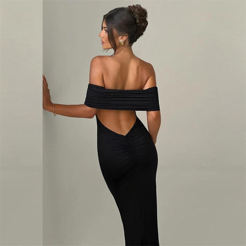 Black Off Shoulder Boat Neck Pleated Elegant Maxi Dress