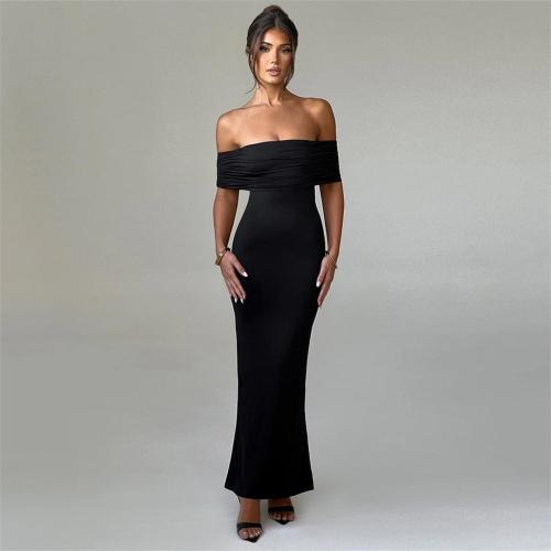 Black Off Shoulder Boat Neck Pleated Elegant Maxi Dress