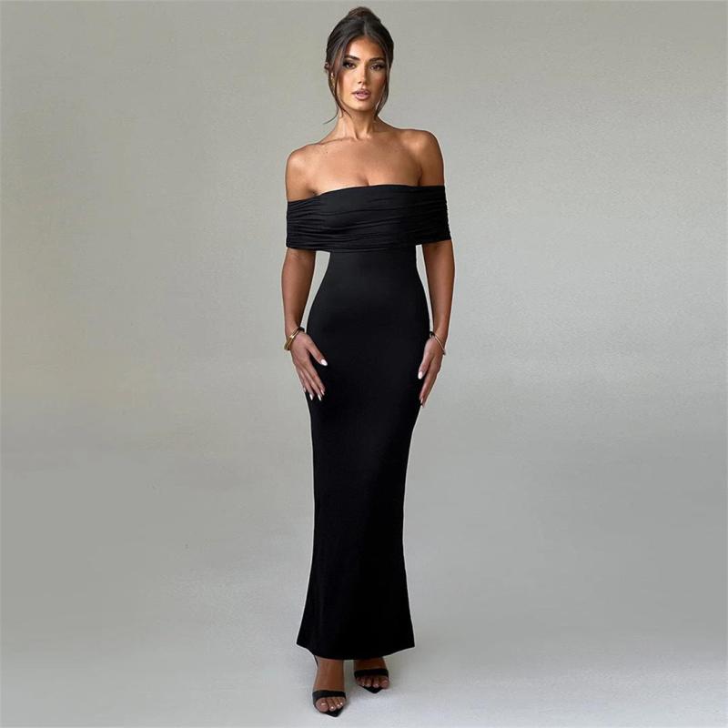 Black Off Shoulder Boat Neck Pleated Elegant Maxi Dress