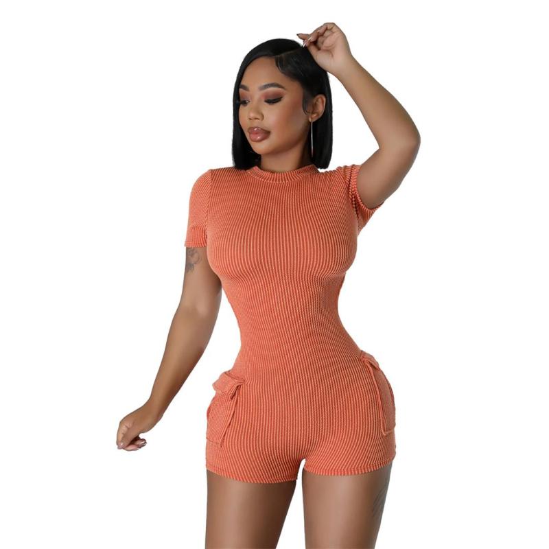 Orange Backless Short Sleeve Jacquard Pleated Pocket Sexy Rompers
