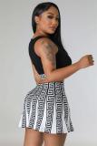 Black Two Pieces Knitted Elastic Crop Top Sports Causal Pleated Skirt Sets