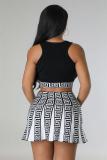 Black Two Pieces Knitted Elastic Crop Top Sports Causal Pleated Skirt Sets