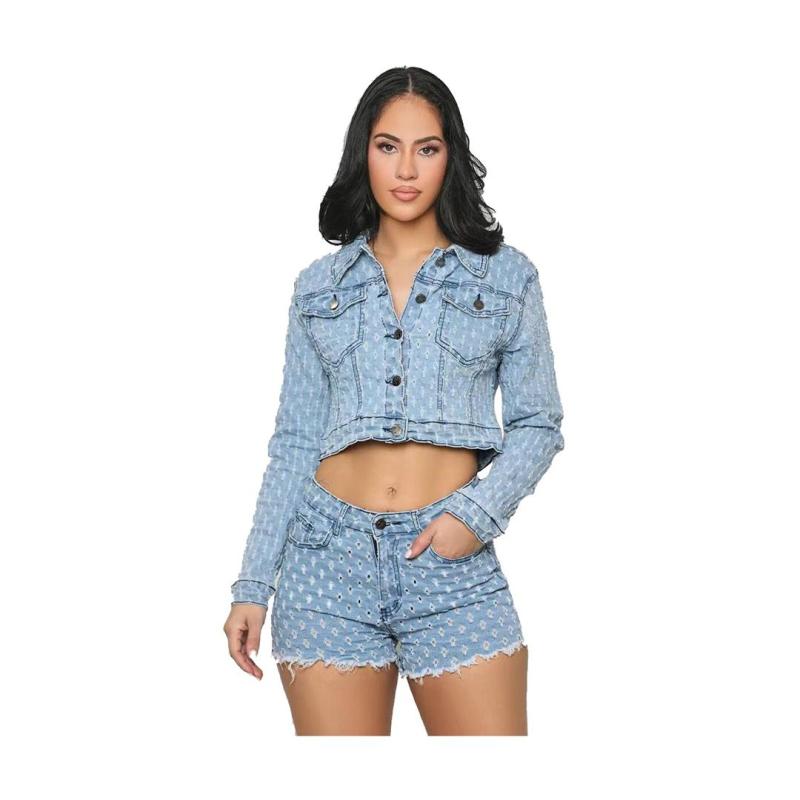 Blue Denim Long Sleeve Button Tops Ripped Club Jeans Pant Sets