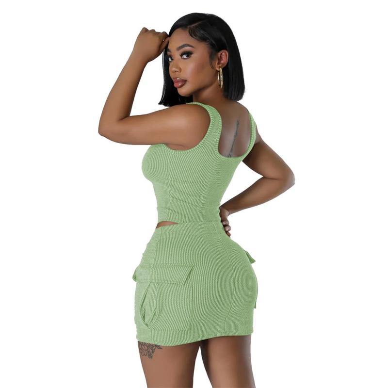 Green Sleeveless Sexy Rompers Top Pleated Women Club Short Dress Sets